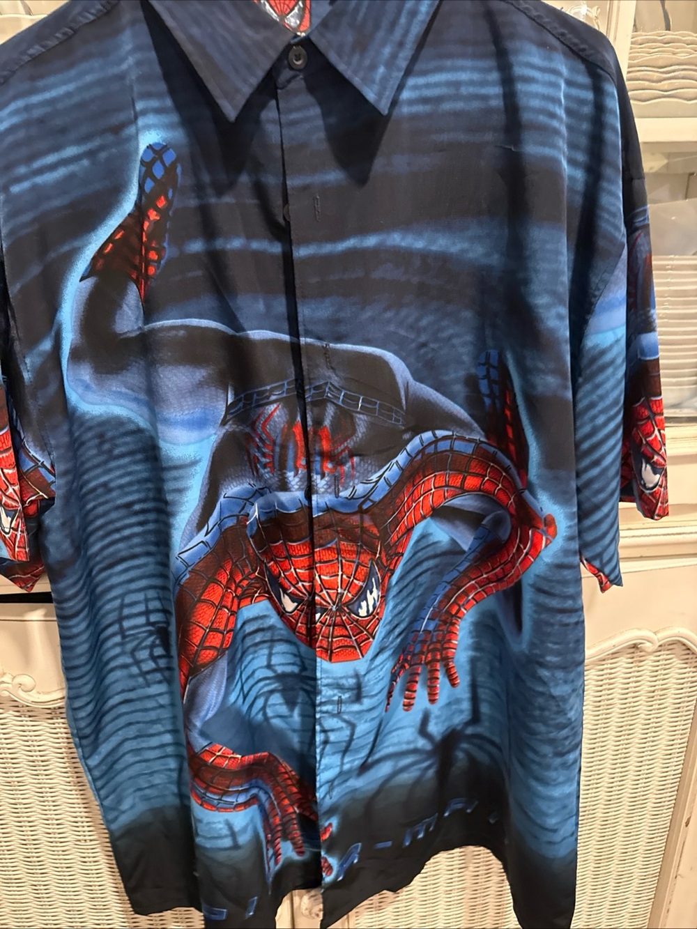 Vtg Y2K 2002 Marvel Comics Spider-Man All Over Print Button Up Shirt Medium